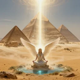 elven angel meditating in desert, pyramids, light shafts, wisps, sandstorm, light diffusion, godly, ascending, by moebius, digital art, beautiful, sacred, holy, surreal, fantasy art, oasis, by durer, durer, fairies, surreal alien kingdom, ancient civilization