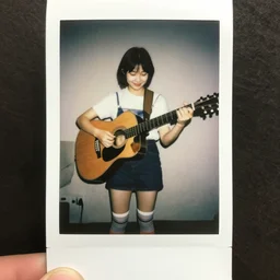 short brune girl, high socks, playing guitar, smiling, polaroid photo, highly realistic
