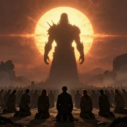 the colossal silhouette of the unmaker stands in front of the sun as the masses kneel before him in hope of salvation, end of the world, year 5 0 0 0, ominous, haunting, concept art, trending on artstation, by ted nasmith, ralph horsley, jim burns