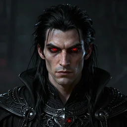centered detailed portrait of a warlock with black hair and red eyes, realistic character concept, malice, high fantasy, dark atmosphere, evil sorcerer male, gazing eyes, medium shot, symmetrical face, artstation, cinematic lighting, hyperdetailed, 8k, high resolution, insanely detailed and intricate, octane render, golden ratio, dark background