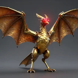 kothophed, soul hoarder!!!, golgari findbroker, a metal bird shaped like a bat with a glowing red heart for a head!, a leathery golden body that folds into itself at the joints and wings spread wide as if it is taking off!!