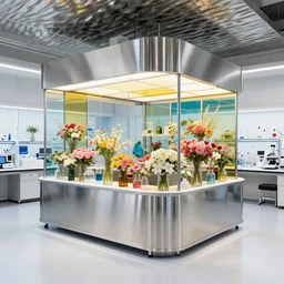 flower shop by white science labotory made of stainless steel and color glass, labotory equipment, wave steel in ceiling