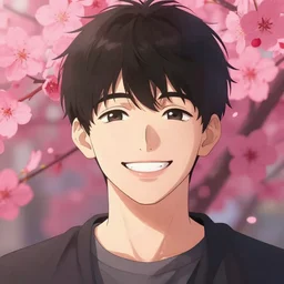 young man with a wide smile, pink flowers, standout colours, sharp, highly detailed, simple lines, digital painting, artstation, concept art, matte, sharp focus, illustration, anime moe artstyle