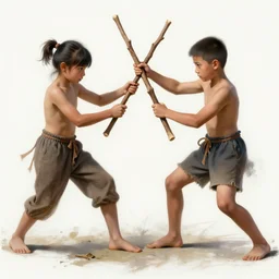 kids playing with sticks. fight intricate, elegant, highly detailed, digital painting, artstation, concept art, sharp focus, illustration, by justin gerard and artgerm, 8 k