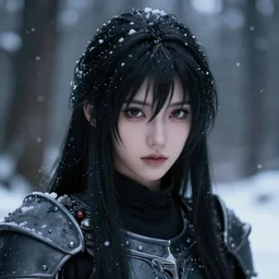 focus face portrait of beautiful darkness 3 d anime gir as knight dark forest background snowing bokeh inspired by masami kurumada digital painting
