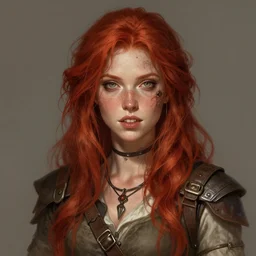 A full portrait of a beautiful post apocalyptic red haired, gap toothed, freckled explorer, intricate, elegant, highly detailed, digital painting, artstation, concept art, smooth, sharp focus, illustration, art by Krenz Cushart and Artem Demura and alphonse mucha
