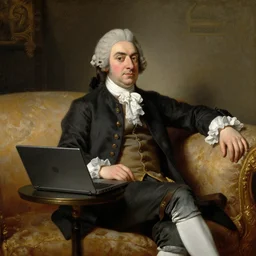 oil painting of an 1 8 th century french aristocrat sitting on a couch using a mac laptop,
