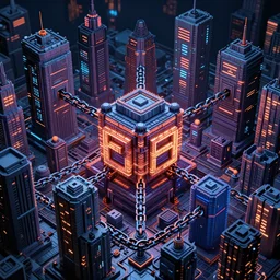 voxel art of a cyberpunk blockchain city, chains connecting separate blocks, blockchain, symmetry, intricate, volumetric lighting, beautiful, rich deep colors masterpiece, sharp focus, ultra detailed, in the style of dan mumford and marc simonetti
