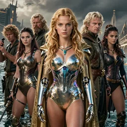 detailed ultrarealistic photography front medium shot of lord of the rings, starwars, warrior girl, fantasy, waterworld, postapocalyptic, cyberpunk cyborg swimsuit, leyendecker, norman rockwell, greg rutkowski, artstation cinematic, vray game of thrones, lord of the rings