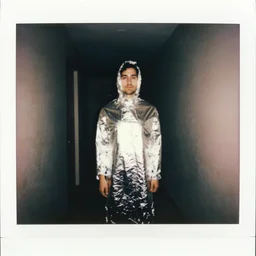 polaroid, standing man wrapped in aluminum foil, dimly lit hallway