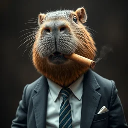 an antropomorphic capybara wearing a business suit and smoking a cigar in his mouth