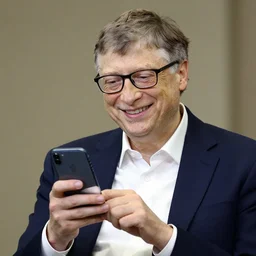 bill gates using an iphone happy