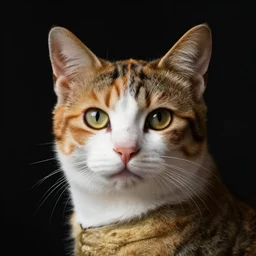 close up portrait of a calico cat by vermeer. black background, three - point lighting, enchanting.
