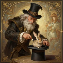 an old man magician pulling a rabbit out his hat, deep focus, d & d, fantasy, intricate, elegant, highly detailed, digital painting, artstation, concept art, matte, sharp focus, illustration, hearthstone, art by artgerm and greg rutkowski and alphonse mucha