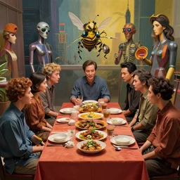 vietnamese dinner by beeple artgerm, gonsalves, amanda sage, bauhaus, pennington, bernardi, kinkade, elson, mcquarrie, lacoste, rhads, syd mead, masson, frank stella, zeitguist, reinaldo, pedro conti, dalmiro buigues, de souza, 3 d artist, cgi, surrealism, art