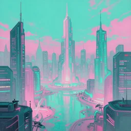 beautiful japanese cyberpunk futuristic landscape painting, teal and pink, by tuomas korpi, dan mumford, trending on artstation