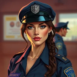 colorful portrait of gorgeous brunette in security uniform, by mark brooks and charlie bowater and evelyn de morgan