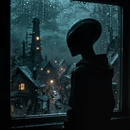50mm shot of a shadowy alien, Inside of a rainy window looking out on to a dark scary village with industrial lights