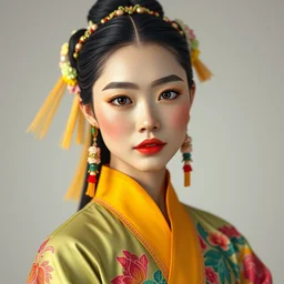 wide angle full body portrait shot todd solondz vietnamese princess wearing flowing colourful clothes, clear todd solondz female face, highly detailed face, detailed eyes, alphonse mucha, rhads, ross tran, artstation, artgerm, octane render, 1 6 k