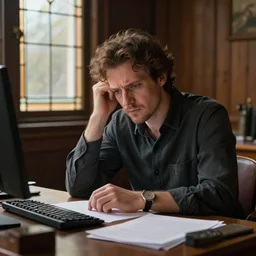 a detailed matte portrait of a frustrated author sitting at his writing desk working on his masterpiece, ultra high detail, 8 k, artstation, wooden office walls with a single stained glass window, by rembrandt