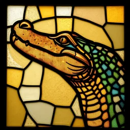side - view portrait of the head of a golden crocodile, 1 0 th century stained glass window, masterful