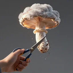 a hand cutting a mushroom cloud in half with scissors, digital art, 8k, dynamic lighting, octane