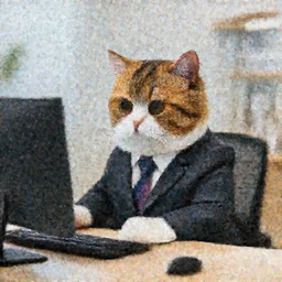 photo of an anthropomorphic cat wearing a business suit using a computer in an office
