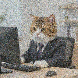 photo of an anthropomorphic cat wearing a business suit using a computer in an office