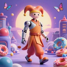 3 d render of a cyborg monk jester roaming a futuristic japanese cyberpunk bladerunner cyber landscape with orbs and donuts against a psychedelic surreal background with 3 d butterflies and 3 d flowers n the style of 1 9 9 0's cg graphics 3 d rendered y 2 k aesthetic by ichiro tanida, 3 do magazine, wide shot