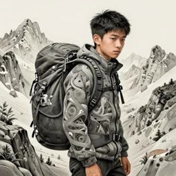 asian boy, trecking in rocky mountain, intricate, elegant, digital painting, highly detailed, artstation, sharp focus, illustration, ruan jia, rutkowski