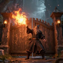 A wizard launching a fireball at a wooden gate, 4k, highly detailed, octane render