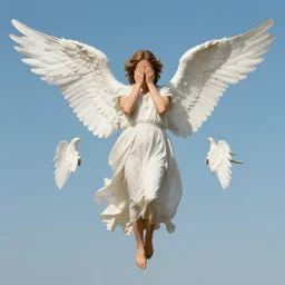 a photo of an angel who has six wings : with two to cover his face, and with two to cover his feet, and with two he flew.