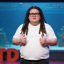 an obese white skinned entrepreneur with long black dreadlocks and trendy glasses gives a ted talk in front of a large aquarium filled with neon jellyfish, high detail, sharp focus, depth of field, hyper realistic, the vogue magazine 2 0 2 2, by annie leibovitz