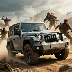 mahindra thar, tribe members attacking, action scene, an epic fantasy, dramatic lighting, cinematic, establishing shot, extremely high detail, photorealistic, cinematic lighting, artstation, by christopher nolan, asphalt 9