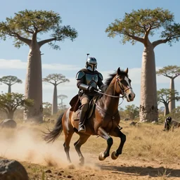 mandalorian riding a horse alone, madagascar with baobabs trees in the background, action scene, an epic fantasy, artgerm and greg rutkowski and alphonse mucha, an epic fantasy, volumetric light, detailed, establishing shot, cinematic, photorealistic, hyper detailed, ultra realistic, trending on art station, octane render, midsommar