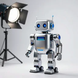( toy robot ) designed by apple, high detail, studio photo, white backdrop, studio light, solid works, octane render, macro shot, in focus, dept of field, silver, blue, black design