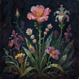 beautiful _ digital _ oil _ painting _ of _ whimsical _ botanical _ illustration _ beautiful _ flowers _ enchanted _ dark _ background _ dark _ contrast _ by _ android _ jones _ synthwave _ - - h 7 6 8