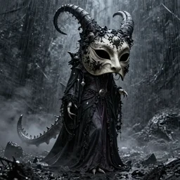 gorgeous! lilith the mother of all monsters, gothic mask, raining ash, fine art masterpiece, highly detailed dino valls wayne barlowe machiej kuciara, dramatic lighting, long shot, wide angle, uhd 8 k, sharp focus
