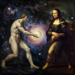 the creation of the human race from the material in the stars. cosmos, detailed oil painting by vincent di fate and da vinci