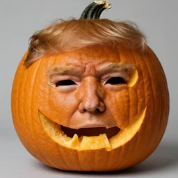 donald trump face inside a pumpkin, pumpkin skin, messy hair, face, pumpkin