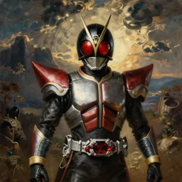 a realistic painting by Raffaello Sanzi depicting the Kamen Rider Kuuga with the head of the symbiotic Ghost Rider in the Renaissance.