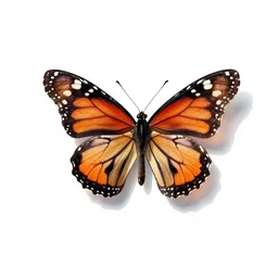 watercolor style monarch butterfly, professional studio photo, full body, isolated on a pure white background, centered, entire subject in frame, sharp focus, soft studio lighting