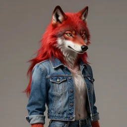 upper body shot of an anthropomorphic wolf female with bright red fur wearing a denim jaket and jeans, diffuse lighting, fantasy, intricate, elegant, highly detailed, lifelike, photorealistic, digital painting, artstation, smooth, sharp focus, naturalism, trending on byron's - muse