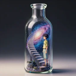 glass bottle containing the stairways to another galaxy, art by makoto shinkai and alan bean, yukito kishiro