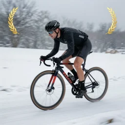 a man racing a bicycle, motion blur, award winning photo, snow, high detail, atmospheric, 8k