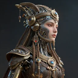 highly lifelike beautiful divine tribal steampunk warrior with regalia adornment's hdr whole infinite capsule apparent with awe an idea seep's into infinity, face axonometric mechanical fantasy intricate elegant, in void of latent space, volumetric lighting 3 d modelling h 5 1 2