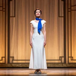 a woman in a white dress with a blue scarf around her neck, standing on a stage in front of a curtain. art deco, theater, performance, drama, stage, actress, costume