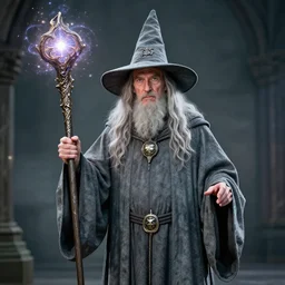 mark e smith dressed in large grey wizard robes and a big pointy gandalf hat and holding a large magical staff with magical sparkles all around, photograph, 4 k, highly detailed