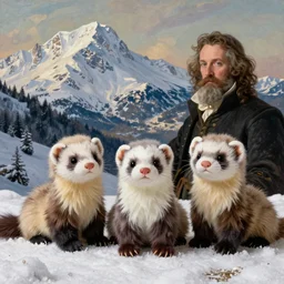 3 d precious moments plush ferret with realistic fur, snowy mountain landscape, master painter and art style of john william waterhouse and caspar david friedrich and philipp otto runge, colorful color palette