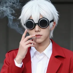 young man in red jacket and white shirt, white hair, round goggles, smoking cigarette, character portrait, sharp focus, 4 k